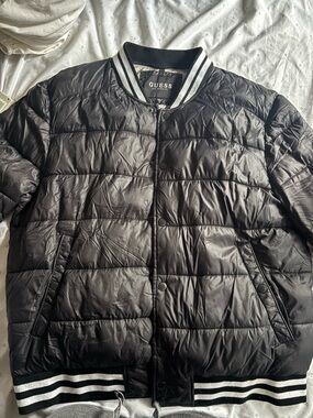 GUESS Black Quilted Bomber Jacket with Stripe Trim